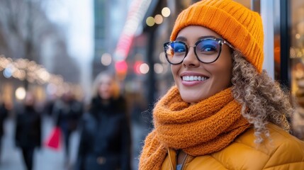 The woman radiates style with bright blue glasses and orange winter wear, exuding warmth and happiness during a charming winter street walk.