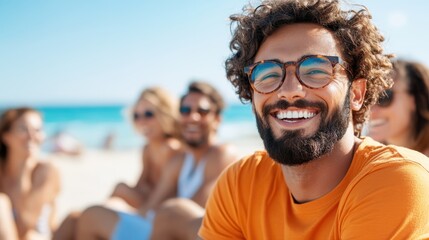 Obraz premium A man with curly hair and a broad smile enjoys a sunny beach day surrounded by friends, embodying joy and carefree summer vibes at the seaside.
