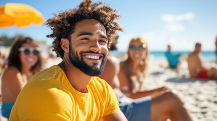 A smiling man with curly hair enjoys a sunny beach day, surrounded by friends and sparkling sea, symbolizing freedom and sheer summer joy.