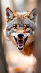 Fototapeta premium A dramatic image of a wolf baring its teeth in a snarl, set against a blurred forest background, conveying wildness and untamed spirit.