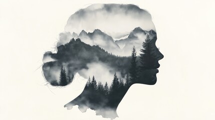 Black and white watercolor double exposure of a woman's face with the silhouette of mountains, on a white background. --ar 16:9 --v 6.1 Job ID: 5df1a560-5a37-4859-a4e7-af0a01fb6b06