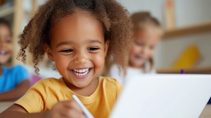 A joyful young child using a digital tablet for learning, alongside other children in a bright classroom, capturing the essence of modern education.