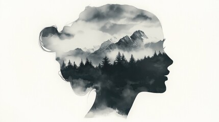 Elegant Woman's Face Silhouette Over Mountainous Landscape, Emotional Expression, Black and White Watercolor Artistry.