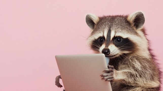Raccoon Enjoying Coffee While Using Tablet