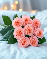 Fototapeta premium Serene Still Life with Fresh Pink Roses, White Pastel Table, and Cozy Bedding