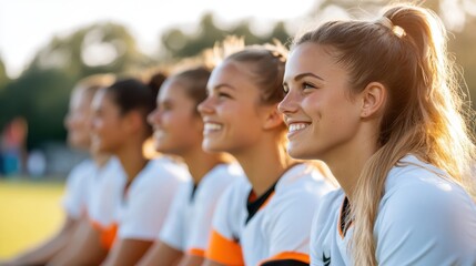 A group of young female soccer players smile and enjoy the moment together, sitting on a bench on a field during a bright, sunny eventful evening.