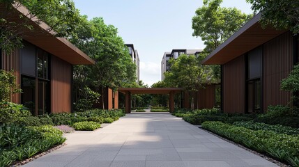 Urban eco-park construction city center architectural design green environment wide angle sustainable living concept