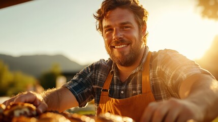 A bearded man wearing an apron is seen joyfully grilling outdoors, with a beautiful sunset as the backdrop, creating a warm and inviting atmosphere.