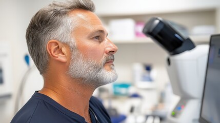 An older male scientist attentively analyzes data on a computer in a laboratory, reflecting dedication, expertise, and commitment to scientific research and progress.