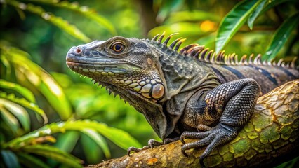 Obraz premium Black Iguana Resting in a Tree at Manuel Antonio National Park, Costa Rica - Macro Photography of Wildlife in Lush Tropical Environment