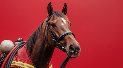 Firefighter Horse in Uniform Against Red Background
