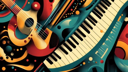 A vector illustration of a musical instrument, such as a guitar or piano. The design features detailed elements and a rich color palette to reflect the beauty and complexity of music.