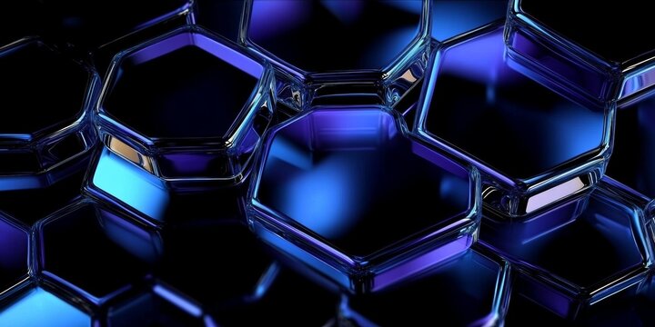 Blue Tinted Glass Hexagons Abstract Art on Black Background 3D Render