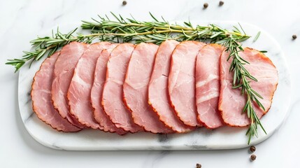 Sliced ham garnished with fresh rosemary on a marble platter, white isolate background.