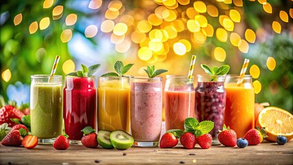Fototapeta premium Colorful Fruit Smoothies Mockup with Bokeh Effect - Refreshing Healthy Drinks, Vibrant Flavors, Summer Vibes, Tropical Ingredients, and Creative Presentation Ideas for Health Enthusiasts
