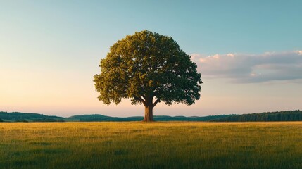 Obraz premium Lonely tree standing in a vast field during sunset, serene landscape view.