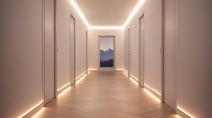 Minimalist hallway design featuring soft led accents modern home interior architecture cozy environment straight-on view tranquility