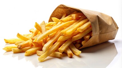 Delicious French Fries in Paper Bag -  Crispy Potato Fries, White Background, Food Photography