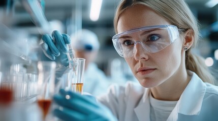 A determined lab technician wearing safety goggles carefully uses a pipette to transfer orange liquid, highlighting scientific inquiry and meticulous research in a laboratory.
