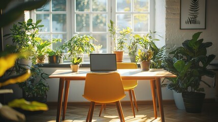 Obraz premium Bright modern workspace with lush greenery home office interior design comfortable atmosphere inviting environment for productivity