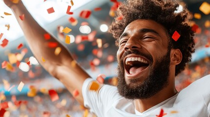 An energetic sports fan revels amidst vibrant confetti in the thick of a stadium crowd, showcasing the sheer thrill and communal spirit of the game.