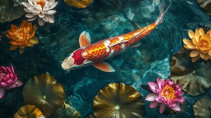 A vibrant image of a colorful koi fish swimming in a koi pond surrounded by blooming lotus flowers.