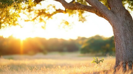 Golden sunset illuminating a tranquil field with a large tree in the foreground.