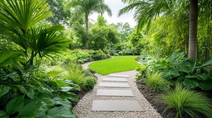 Serene Garden Pathway Surrounded by Lush Greenery