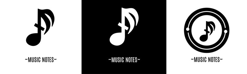 Music notes logo set. Collection of black and white logos. Stock vector.