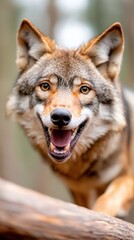 Fototapeta premium The image features a seemingly smiling wolf with its mouth slightly open, portraying a friendly and approachable expression amidst a serene forest backdrop.