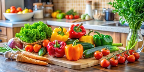 Fresh and Colorful Vegetables for Healthy Cooking: A Vibrant Selection for Vegetarian and Vegan Diets in a Cozy Kitchen Setting