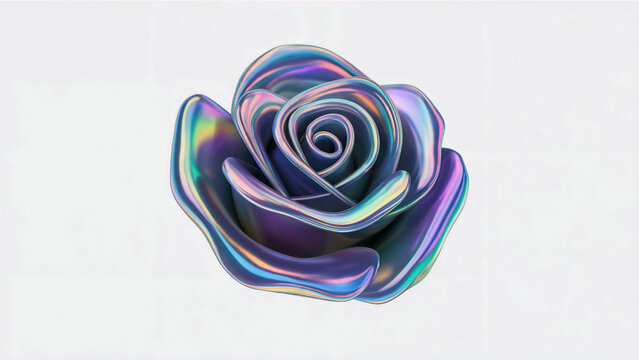 iridescent holographic clipart of a simple 3d shape in the form of rose, softy shapes, grainy, noisy, pastel rainbow colors, white background