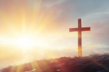 gold cross on hill, serene sky with rainbow, spiritual wallpaper design, hope and faith imagery