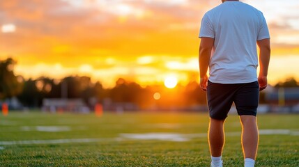 A young sportsman walks on a field while the sun sets, creating a warm glow and tranquil atmosphere. The image captures a sense of solitude and determination.
