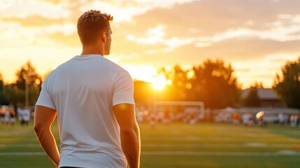 A young man stands on a sports field with a serene sunset in the background, creating a peaceful yet motivational atmosphere filled with potential and dreams.