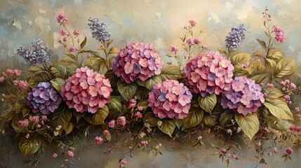 A vibrant painting of hydrangeas in various shades, showcasing floral beauty and artistry.
