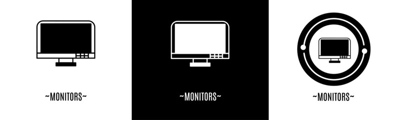 Monitors logo set. Collection of black and white logos. Stock vector.