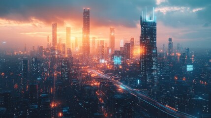 Fototapeta premium Futuristic city skyline at sunset, showcasing vibrant architecture and glowing lights.