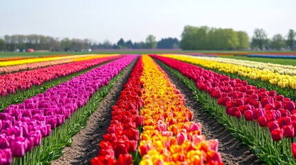 A vibrant view of a colorful tulip field in full bloom, with rows of bright flowers creating a stunning contrast against the clear sky.