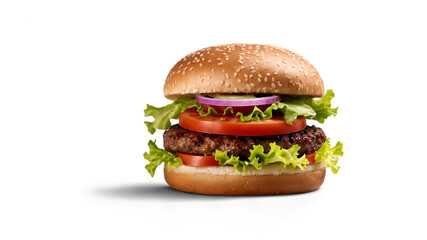 hamburger isolated on png, Delicious hamburger isolated on a clean PNG background, featuring a juicy beef patty, fresh vegetables, melted cheese, and a toasted bun, ideal for fast food menus, culinary
