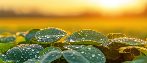 high resolution close up of sun kissed dewdrops on green leaves, capturing beauty of nature at sunrise. warm light enhances vibrant colors and freshness of scene