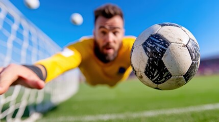During a crucial moment, a goalkeeper leaps impressively to block a soccer ball mid-air, reflecting agility, quick reflexes, and dedication on a clear game day.