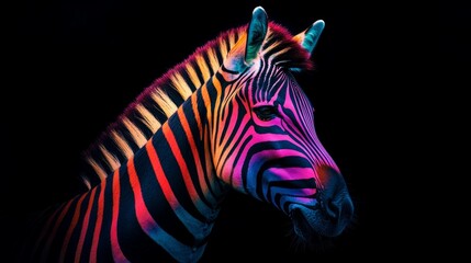 Fototapeta premium Colorful zebra against a black background with a striking red spot on its head