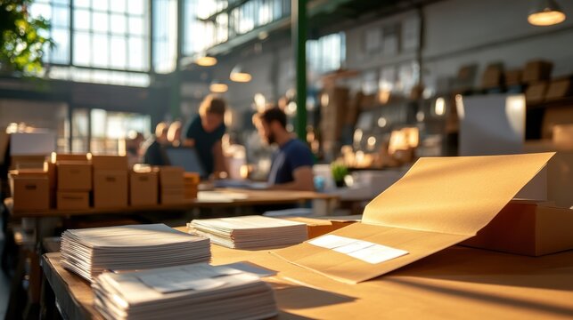 In a contemporary warehouse setting, workers fervently and diligently handle stacks of cardboard boxes and papers, creating an efficient and systematic environment.