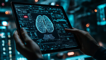 analyzing patient brain with human anatomy on technological digital tablet futuristic Ui and digital holographic innovative with science and medicine concept