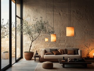 Elegant living space with pendant lamps modern home interior design cozy environment natural light serenity concept