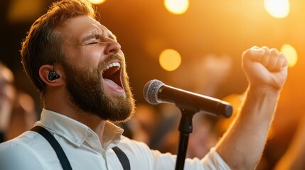 A dynamic singer passionately belts out a song into the microphone, highlighted by the warm glow of spotlights, conveying emotion and musical expression.