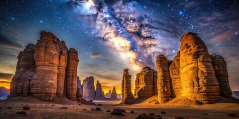 Jabal Al-Mazmar Pillars Panoramic: Night Photography, Low Light, Dramatic Shadows, Starry Sky, Saudi Arabia Landscape