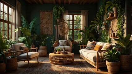 Obraz premium Boho-style living room with rattan furniture