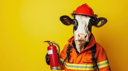 Cow in Firefighter Gear with Fire Extinguisher